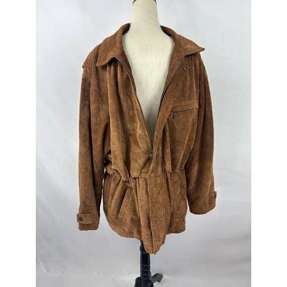 Rainforest Suede Coat Jacket Brown Large Zipper Snap Closure Drawstring Waist - Picture 16 of 16